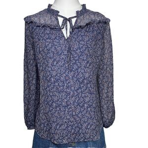 West K Floral Ruffle Blouse Womens Small Blue Long Sleeve Tie Neck TU42125-B